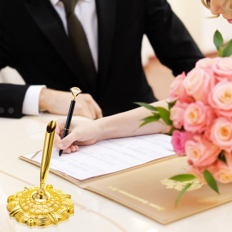 RUTICH Hollow Round Pen Holder Signing Pen Set with Big Diamond Crystal Pen for Wedding Bridal Opening Ceremony Graduation Office, Golden Holder with Black Pen(Black Ink) - Image 4